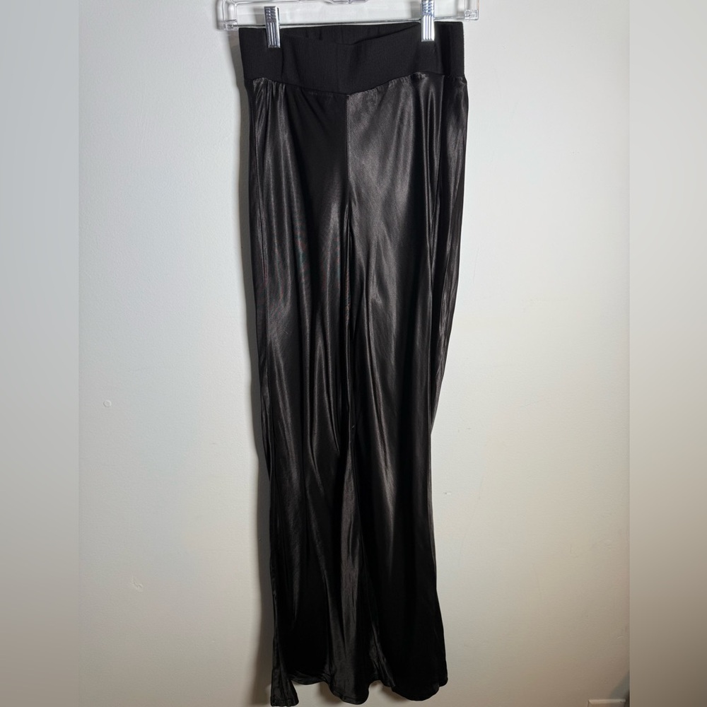 Enza Costa Black Satin Wide Leg Pants Elastic Waist Lounge‎ Palazzo Pants